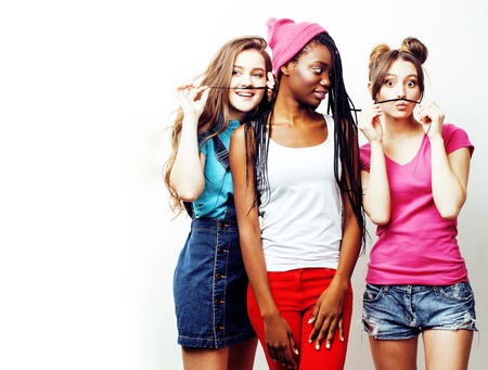 diverse multi nation girls group, teenage friends company cheerfの写真素材