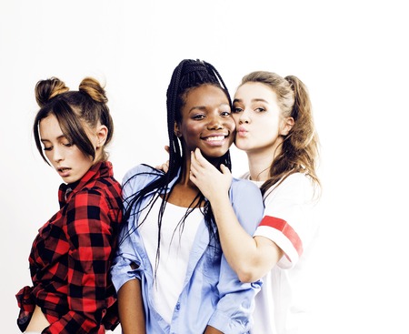 diverse nation girls group, teenage friends company cheerful having fun, happy smiling, cute posing isolated on white background, lifestyle people conceptの写真素材