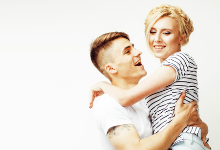 young pretty teenage couple, hipster guy with his girlfriend hapの写真素材