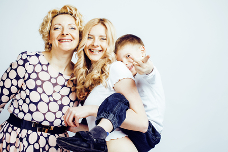 happy smiling family together posing cheerful on white backgrounの写真素材