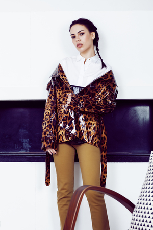 pretty stylish woman in fashion dress with leopard print in luxuryの写真素材