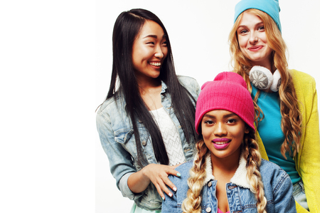 diverse nation girls group, teenage friends company cheerful havの写真素材