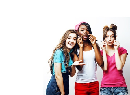 diverse multi nation girls group, teenage friends company cheerfの写真素材