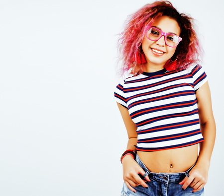 young cute mixed races girl teenage posing cheerful on white backgroundの写真素材