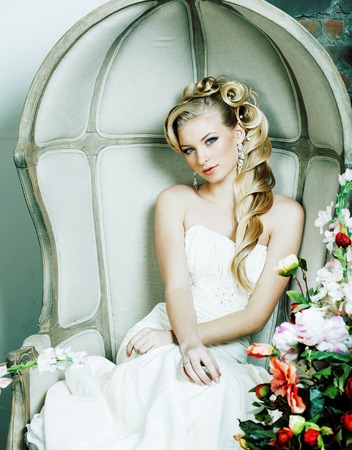 beauty emotional blond bride in luxury interior homeの写真素材