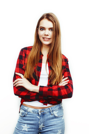 young pretty stylish hipster girl posing emotional isolated on wの写真素材