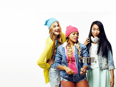 diverse nation girls group, teenage friends company cheerful hav