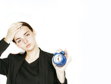 young beauty woman in business style costume waking up for work early morning