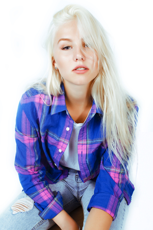 young pretty woman with blond hair on white background, hipster, fashion sexy look, lifestyle people concept close upの写真素材