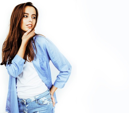 young pretty stylish hipster girl posing emotional isolated on white background happy smiling cool smile, lifestyle people concept close upの写真素材