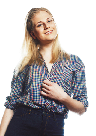 young pretty stylish blond hipster girl posing emotional isolated on white background happy smiling cool smile, lifestyle people concept close upの写真素材
