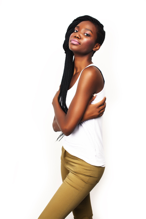 young pretty african-american girl posing cheerful emotional on white background isolated, lifestyle people concept close upの写真素材