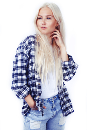 young pretty blond teenage girl close up portrait, lifestyle people concept isolated, teens fashionの写真素材