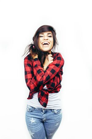 young happy smiling latin american teenage girl emotional posing on white background, lifestyle people conceptの写真素材