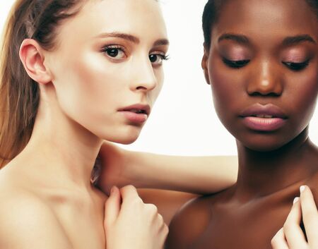 different nation woman: african-american, caucasian, asian together isolated on white background...