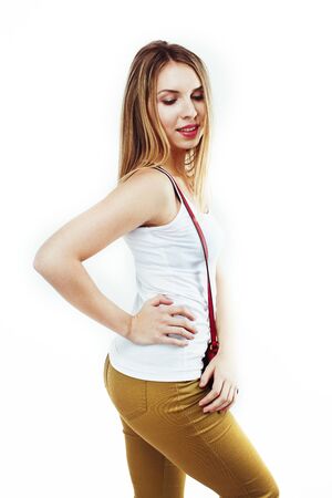 young pretty stylish hipster girl posing emotional isolated on white background happy smiling cool smile, lifestyle people concept close upの写真素材