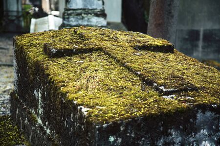 Tombstones in cemetery at dusk, gothic style crosses Parisの写真素材