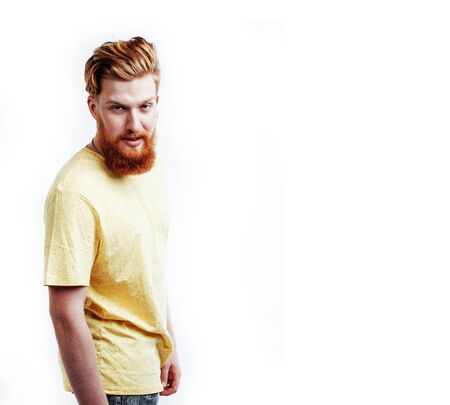 young handsome hipster ginger bearded guy looking brutal isolated on white background, lifestyle people concept close upの写真素材