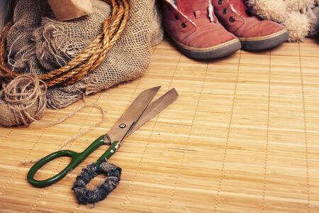 different home stuff on wooden background, handmade lifestyleの写真素材