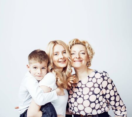 happy smiling blond family together posing cheerful on white background, generation concept....