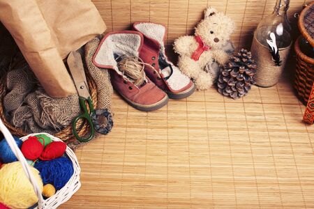 different home stuff on wooden background, handmade lifestyleの写真素材