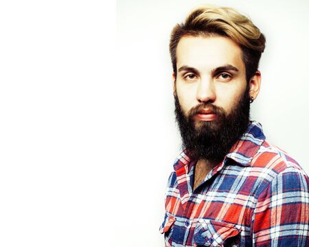 portrait of young bearded hipster guy smiling on white background closeup isolated, lifestyle real...