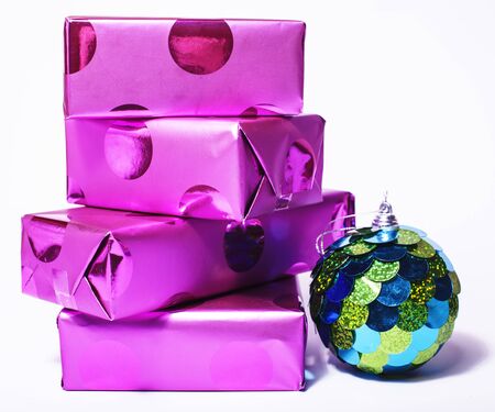 christmas decoration isolated , white background for post card greetings, toy design on tree macro...
