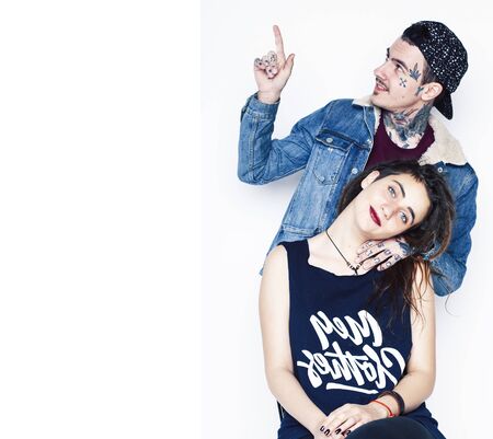 young pretty couple together, lifestyle people concept, boyfriend and girlfriend tattoo
