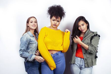 diverse multi nation girls group, teenage friends company cheerful having fun, happy smiling, cute posing isolated on white background, lifestyle people concept, african-american, asian and caucasianの写真素材