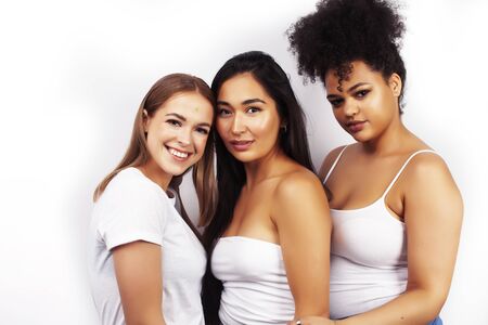 diverse multi nation girls group, teenage friends company cheerful having fun, happy smiling, cute...