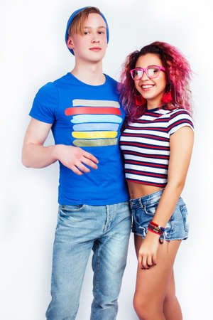 company of hipster guys, blonde boy and girls students having fun together friends, diverse fashion style and races, lifestyle people concept isolated on white backgroundの写真素材