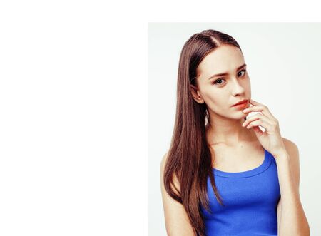 young pretty stylish hipster girl posing emotional isolated on white background happy smiling cool...