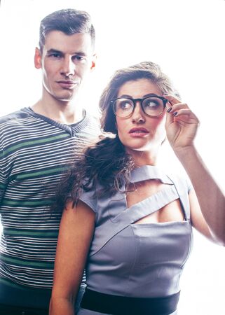 love affair at work, young pretty couple, man and woman together isolated on white background,...