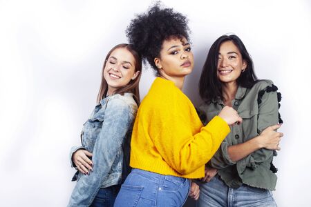 diverse nation girls group, teenage friends company cheerful having fun, happy smiling, cute posing isolated on white background, lifestyle people conceptの写真素材