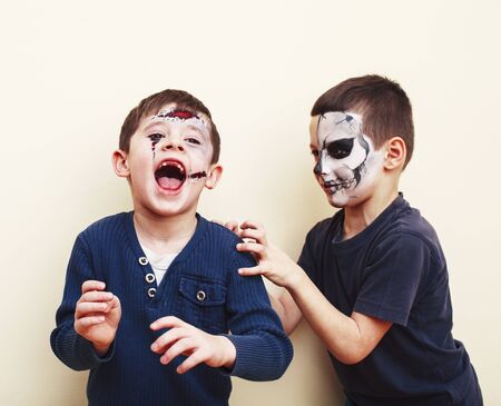 zombie apocalypse kids concept. Birthday party celebration facepaint on children dead bride, scar...