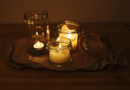 candles on wooden table, aroma therapy conceptの写真素材