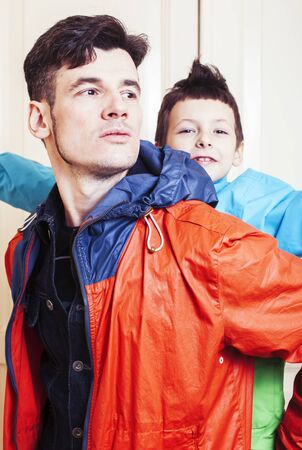 faher and son together having fun at home, lifestyle happy family, people at homeの写真素材