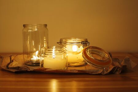 candles on wooden table, aroma therapy conceptの写真素材