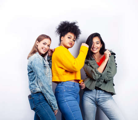 diverse nation girls group, teenage friends company cheerful having fun, happy smiling, cute posing isolated on white background, lifestyle people conceptの写真素材