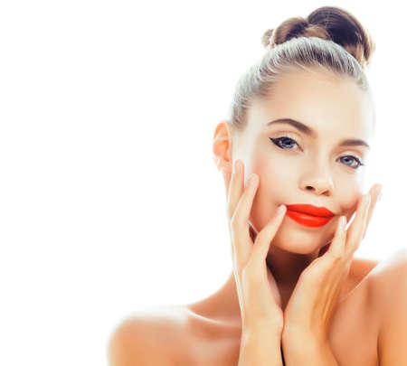 young pretty brunette real woman close up isolated on white background. Fancy fashion makeup,...