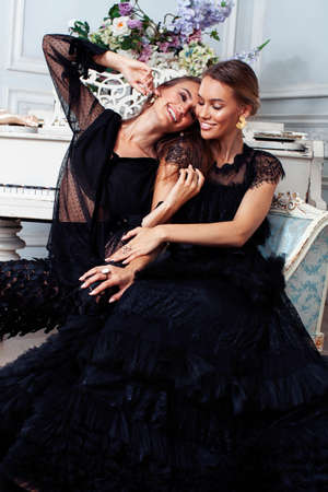 two young pretty lady in black lace fashion style dress posing in rich interior of royal hotel room,...