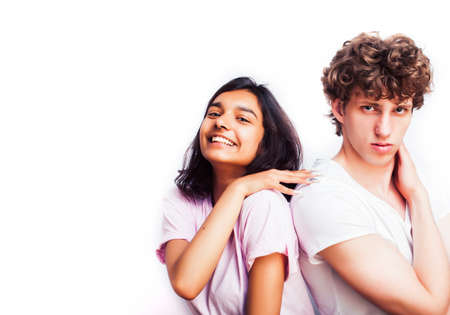 best friends teenage girl and boy together having fun, posing emotional on white background, couple...