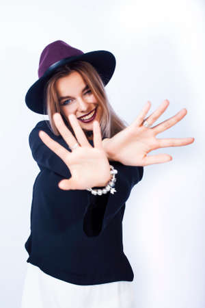 young pretty blond girl hipster in hat posing smiling happy isolated on white background, lifestyle...