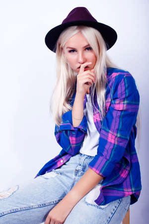young pretty blond girl hipster in hat posing smiling happy isolated on white background, lifestyle people conceptの写真素材
