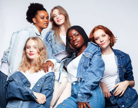 diverse multi nation girls group, teenage friends company cheerful having fun, happy smiling, cute posing isolated on white background, lifestyle people concept, african-american and caucasianの写真素材