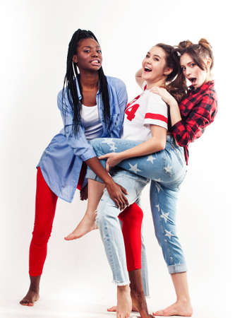 diverse nation girls group, teenage friends company cheerful having fun, happy smiling, cute posing isolated on white background, lifestyle people conceptの写真素材
