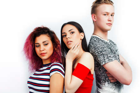 company of hipster guys, blonde boy and girls students having fun, diverse nation people lifestyle isolated on white backgroundの写真素材