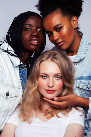 diverse multi nation girls group, teenage friends company cheerful having fun, happy smiling, cute posing isolated on white background, lifestyle people concept, african-american and caucasianの写真素材