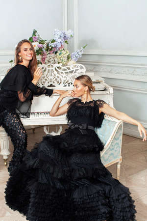 two young pretty lady in black lace fashion style dress posing in rich interior of royal hotel room,...