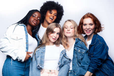 diverse multi nation girls group, teenage friends company cheerful having fun, happy smiling, cute posing isolated on white background, lifestyle people concept, african-american and caucasianの写真素材